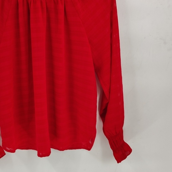 LOFT Smocked Cuff Blouse Red Size Small Lined Stretch Collar Peasant Top - Picture 5 of 9